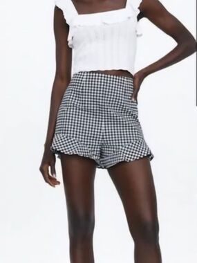 Zara Black and White Gingham High Waist Ruffle Shorts
